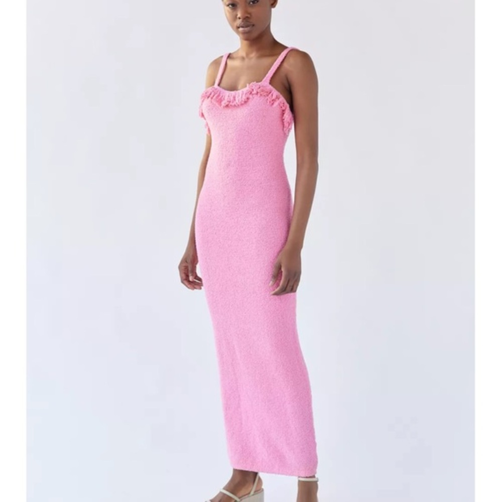 Rare London Women's Pink Sleeveless Body-skimming Knit Fringe Maxi Dress rose